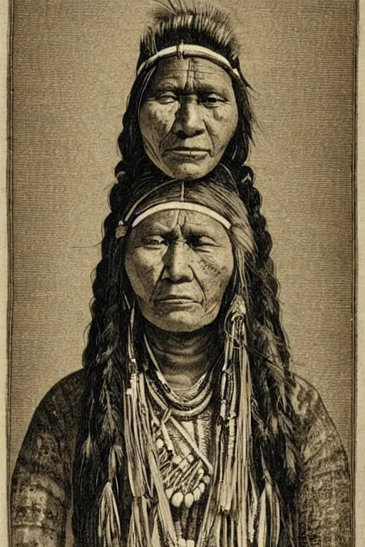 Image similar to “19th century wood engraving of a Native American indian woman, portrait, Nanye-hi Beloved Woman of the Cherokee, wearing a papoose showing pain and sadness on her face, ancient”