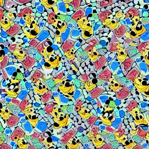 Image similar to trippy mickey mouse blotter art, acid tabs