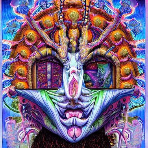 Image similar to hypercomplex floating horror head made out of blocks, submerged with psychedelic phantoms in fluid, horror art, surrounded by lush flora, by alex grey and lisa frank and karol bak and giger