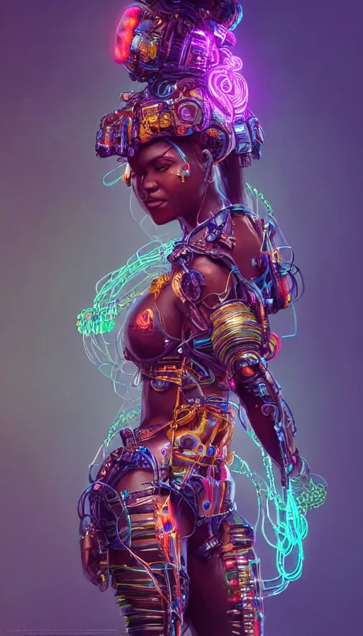 Image similar to zulu cyborg princess,covered in neon wire, insane, intricate, highly detailed, digital painting, artstation, concept art, smooth, sharp focus, illustration, Unreal Engine 5, 8K, art by artgerm and greg rutkowski and alphonse mucha