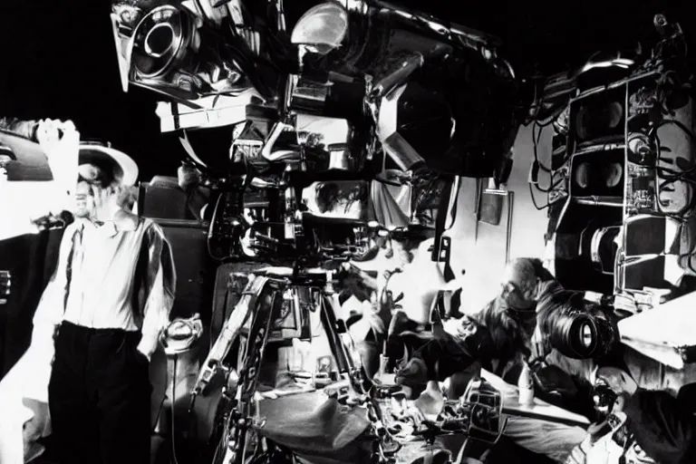 Image similar to Cinematography George Melies directing a shot from the trip to the moon movie. Cinema Camera, camera crew, movie set. Melies. Pathe. by Emmanuel Lubezky