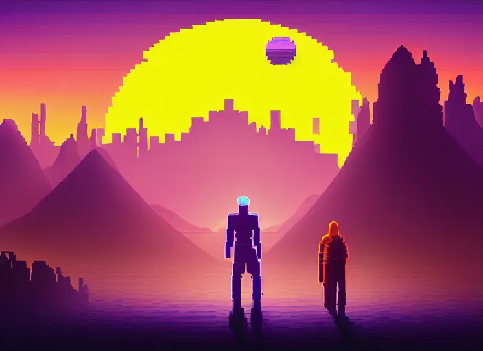 Prompt: detailed pixel art, science fiction pc game point - and - click adventure, lucas arts, desert with city in the skyline, two suns, purple orange colors, sharp focus, illustration, highly detailed, digital painting, concept art, matte, art by wlop and artgerm and greg rutkowski, masterpiece