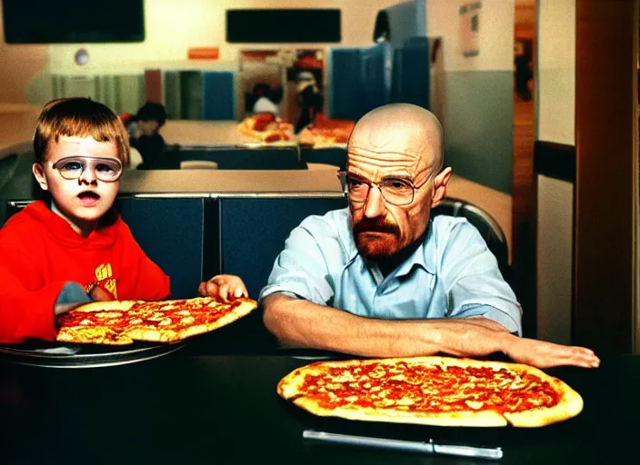 Image similar to portrait of walter white eating pizza sitting with president obama at chuck - e - cheese, dramatic lighting, moody film still from breaking bad ( 2 0 1 2 ), 3 5 mm kodak color stock, 2 4 mm lens, directed by rian johnson, ecktochrome