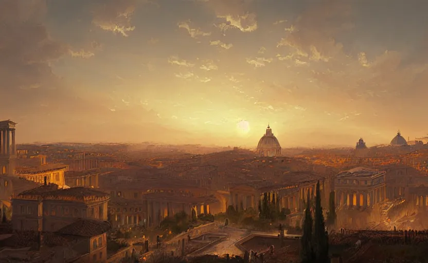 Prompt: painting of skyline of rome at sunset, natural light, concept art, by greg rutkowski, cozy atmospheric and cinematic lighting