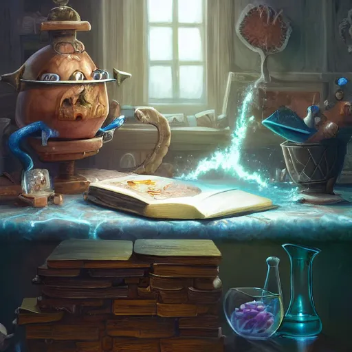 Prompt: hyper realistic, table, wizards laboratory, lisa parker, tony sart, mortar, pestle, scales with magic powder, energy flowing, magic book, beakers of colored liquid, greg rutkowski