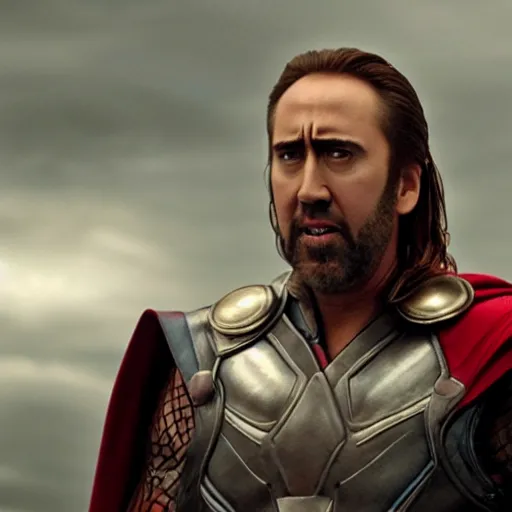 Prompt: film still of Nic Cage as Thor in Thor Love and Thunder