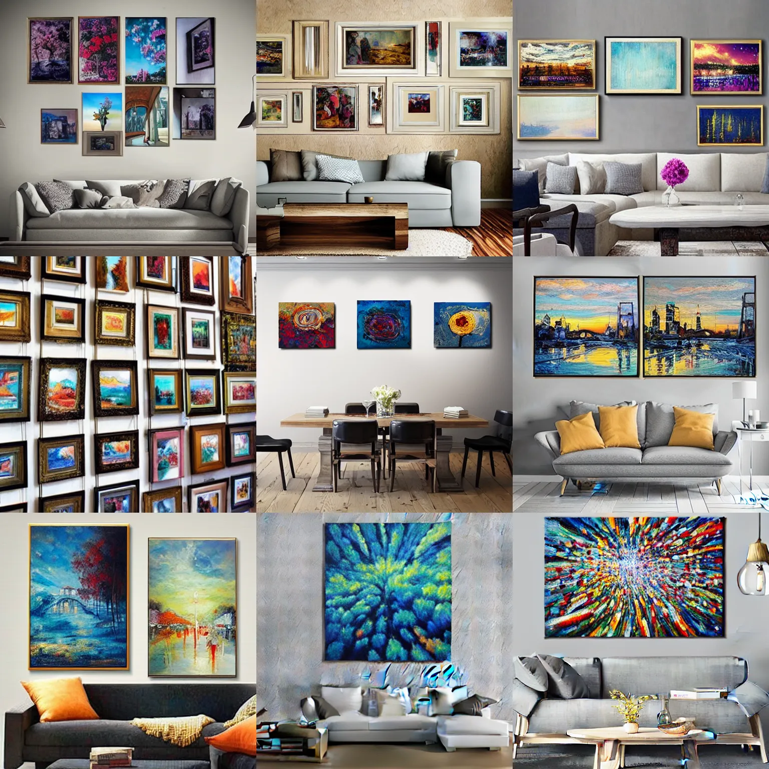 Prompt: Thousands of beautiful paintings hanging on a wall, high-quality photograph