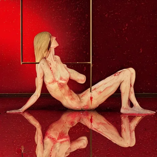 Prompt: Renee Herbert full body laying in a blood red pool of water between a golden mirror frame, outside is space and inside the mirror frame is a beautiful landscape., physically accurate, dynamic lighting, intricate, elegant, highly detailed, digital painting, artstation, HR GIGER, Hieronymus Bosch, Francis Bacon, concept art, smooth, sharp focus, illustration, art by artgerm and greg rutkowski and alphonse mucha