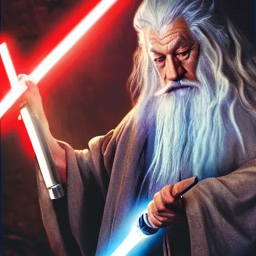 Prompt: gandalf fighting with a lightsaber in the star wars universe, dramatic lighting,