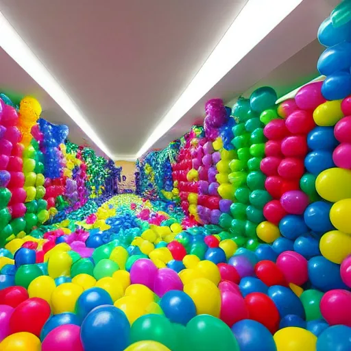 Prompt: photo of endless corridors where the floor is made of ballpit