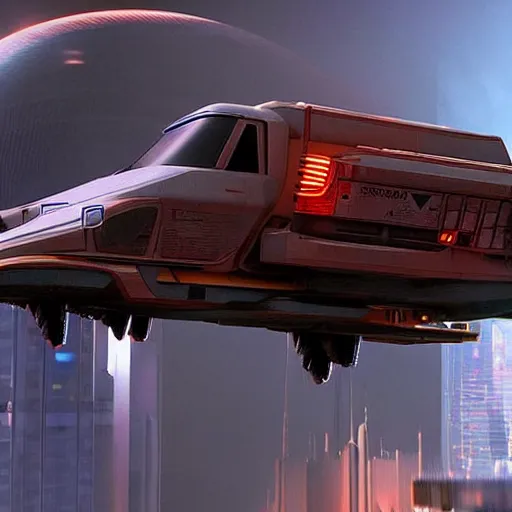 Prompt: cyberpunk alien concept of the a - team van with a pair of airplane wings on the sides, flying trough the sky, futuristic look, highly detailed body, very powerful, photorealistic camera shot, crisp quality and light reflections, unreal engine 5 quality render