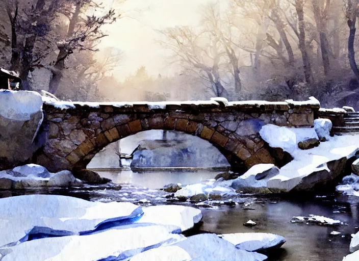 Image similar to watercolor of rustic stone bridge winter landscape, glistering, high detailed art by dennis miller bunker, work by anders zorn, wonderful masterpiece by greg rutkowski, beautiful cinematic light, american romanticism by greg manchess, creation by tyler edlin