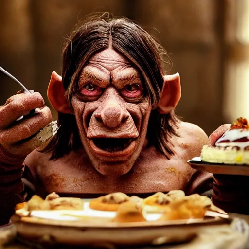 Image similar to closeup portrait of a medieval goblin eating cakes, depth of field, zeiss lens, detailed, symmetrical, centered, fashion photoshoot, by annie leibovitz and steve mccurry, david lazar, jimmy nelsson, breathtaking, 8 k resolution, extremely detailed, beautiful, establishing shot, artistic, hyperrealistic, beautiful face, octane render