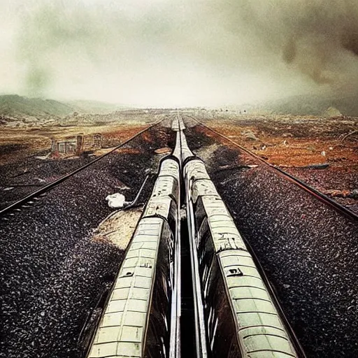 Prompt: “8k photograph of a train at the end of the world. Apocalyptic. National Geographic. Realistic.”