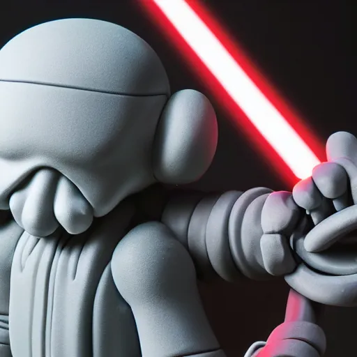 Prompt: new kaws model as a jedi knight in star wars, clear shot, photo shoot, realistic, rendered, clay, close up shots - n 9