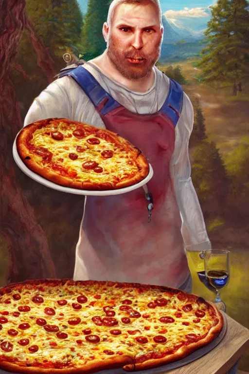 Image similar to a full body high detail fantasy portrait oil painting illustration of baked beans and pizza by justin sweet with face and body clearly visible, in a scenic background, pretty eyes, realistic proportions, d & d, rpg, forgotten realms, artstation trending, high quality, sombre mood, artstation trending, muted colours, entire person visible!