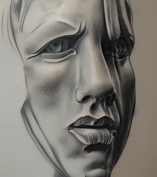 Image similar to tattoo design sketch of the statue of david broken, in the style of den yakovlev, realistic face, black and white, realism tattoo, hyper realistic, highly detailed