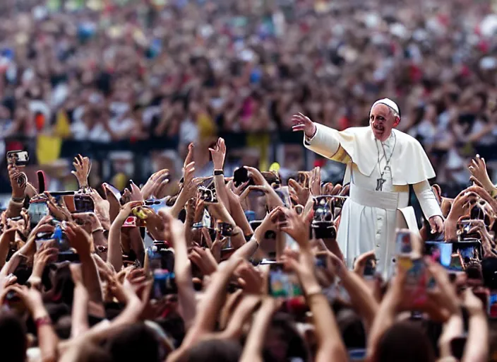 Image similar to photo still of pope francis on stage at the vans warped tour!!!!!!!! at age 3 6 years old 3 6 years of age!!!!!!!! stage diving into the crowd, 8 k, 8 5 mm f 1. 8, studio lighting, rim light, right side key light