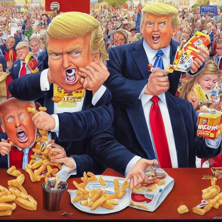 Prompt: a jon mcnaughton painting of donald trump eating a happy meal at mcdonald's