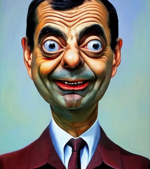 Prompt: mr bean in the shape of baked beans, surrealist oil painting, highly detailed