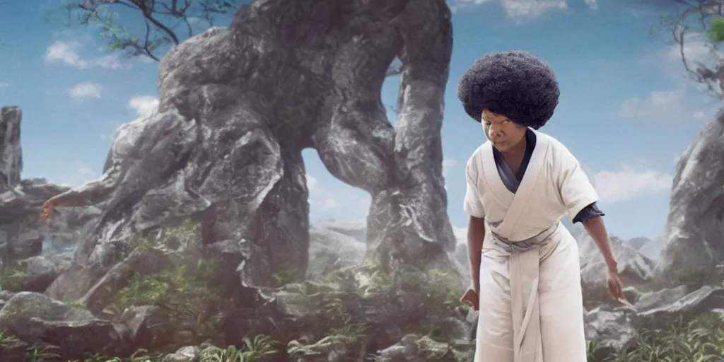 Prompt: a film still of an old black woman starring in a japanese blockbuster film as ancient sensei, levitating mid air, intense, shallow depth of field, cinematic, award winning cgi, vfx, film still