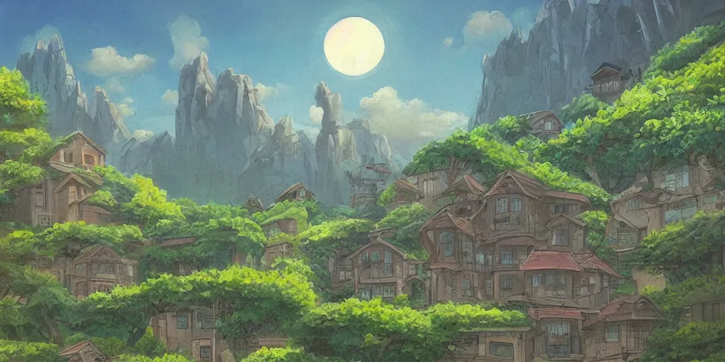Image similar to a beautiful painting of landscape, mysterious buildings, ghibli style