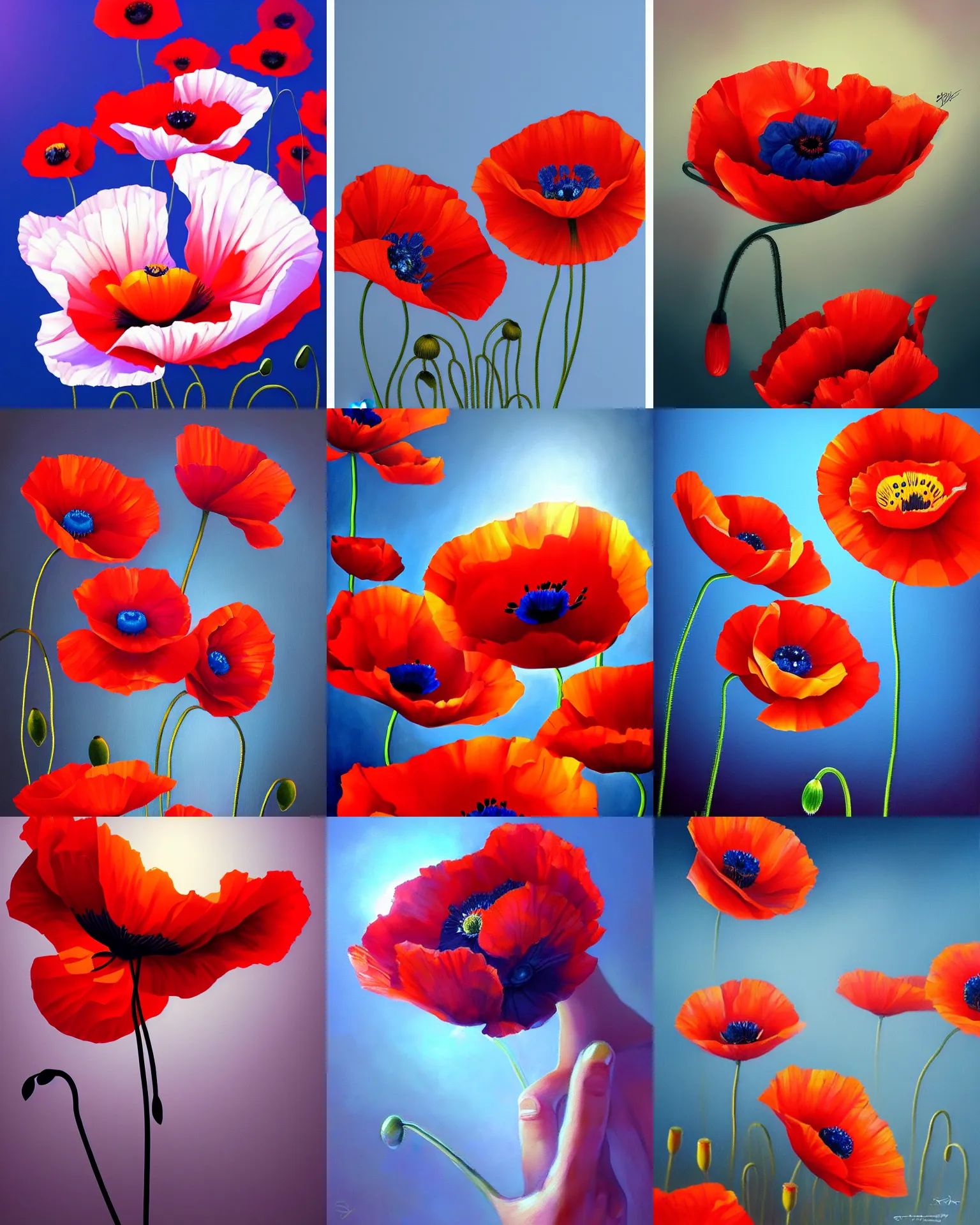 Prompt: epic poppy flowers painting by stanley artgerm, dramatic lighting, ilya kuvshinov, trending on artstation, flat colour, geometric curves, gradient filter, red and blue back light