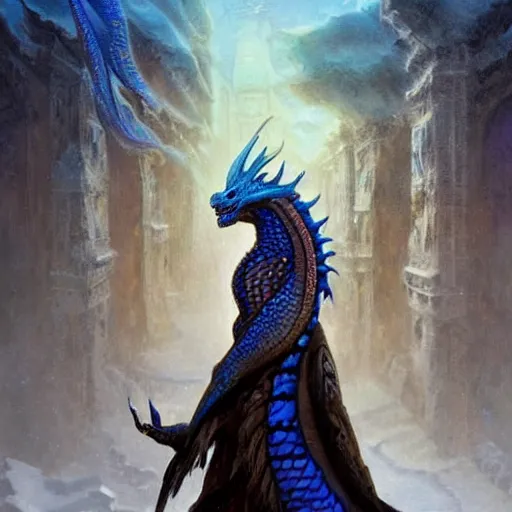 Prompt: Beautiful scaly blue dragon in a snowy city made of ice, tundra, reflections, sparkle, full of details, matte painting, a fantasy digital painting, artstation, concept art, sharp focus, illustration, art by greg rutkowski, alphonse mucha, anne stokes