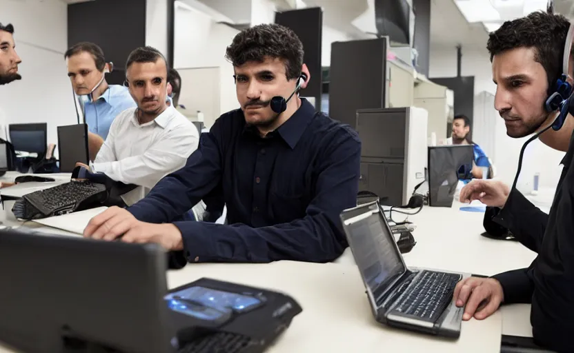 Prompt: Tech support helping the italian mob with their computers, candid