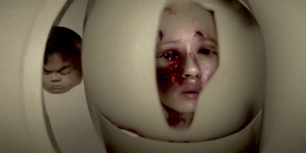 Image similar to a girl lay eggs from an alien para site inside her, realistic, still shot from movie, horror