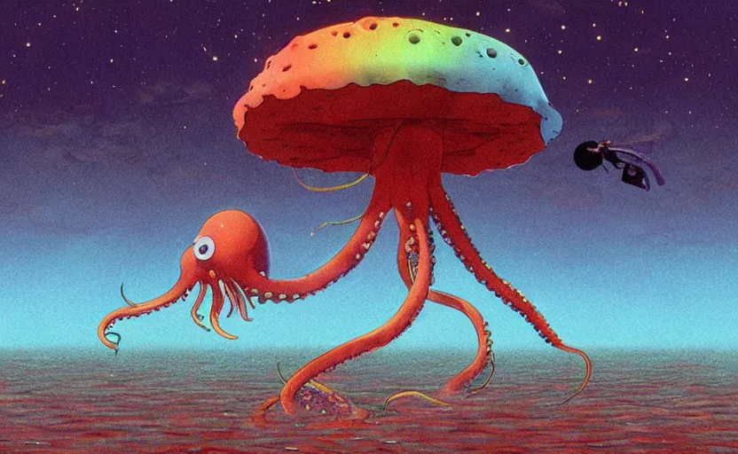 Image similar to a realistic cell - shaded studio ghibli concept art from paprika ( 2 0 0 6 ) of a flying multi - colored octopus from close encounters of the third kind ( 1 9 7 7 ) and a dimensional portal to another world above a flooded puma punku on a misty starry night. very dull colors, wide shot, hd, 4 k, hq