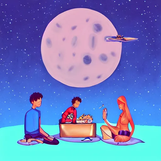 Image similar to “Aliens on a picnic on the moon, digital painting”