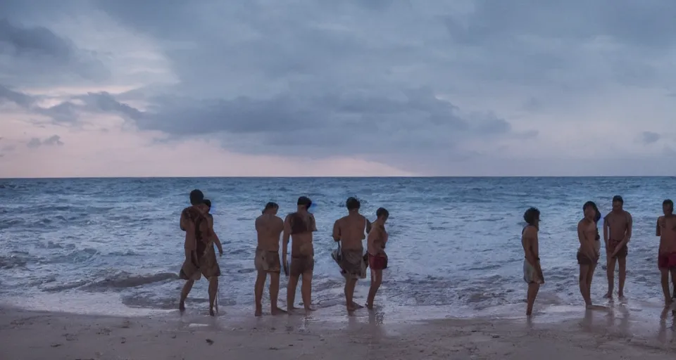 Prompt: First official image from Alejandro Landes' new drama film Marea, set on the Colombian Caribbean coast. Filmed by Jasper Wolf on ALEXA Mini, Vantage One T1 lens. Cinematography, contrast, nighttime.