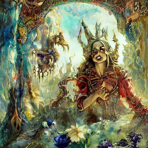 Prompt: princes of hell in alice in wonderland tripping on ayahuasca with faces in the background, intricate detail, painting, royo, frazetta, whealan,