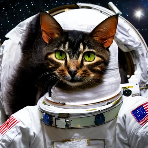 Image similar to Long Hair Tortoiseshell Cat in space as an astronaut, high definition