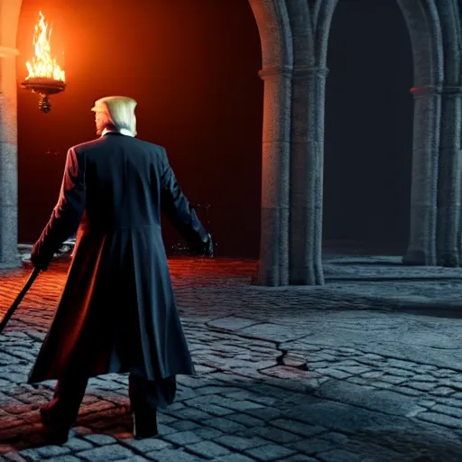 Image similar to donald trump in dark souls, ps 5 screenshot, isometric view, 3 d render, cryengine, highly detailed