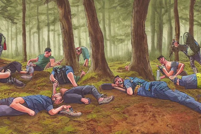 Image similar to mid - thirties guys binge drinking and hiking in a forest, one person pissing on a tree, one person is laying on the ground drunk, in the style of simon stalenhag