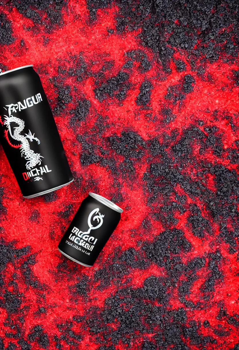 Prompt: one aluminium can of a dragon-flavored energy drink, professional studio photography, black sand and red lava background, packshot