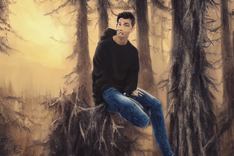 Prompt: ryan church jon mccoy george hull emmanuel shiu concept art mood painting man wearing black sweatshirt blue jeans sitting on top of tree branch winter watching beautiful december sunrise detailed forest