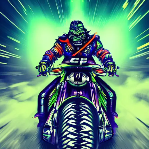 Image similar to psychedelic blacklight neon airbrush artwork, motorcycle, hyper stylized cinematic action shot of an orc in battle armor racing on a motorcycle, menacing orc, drifting, skidding, wheelie, clear focused details, soft airbrushed artwork, black background, post apocalypse, cgsociety, artstation