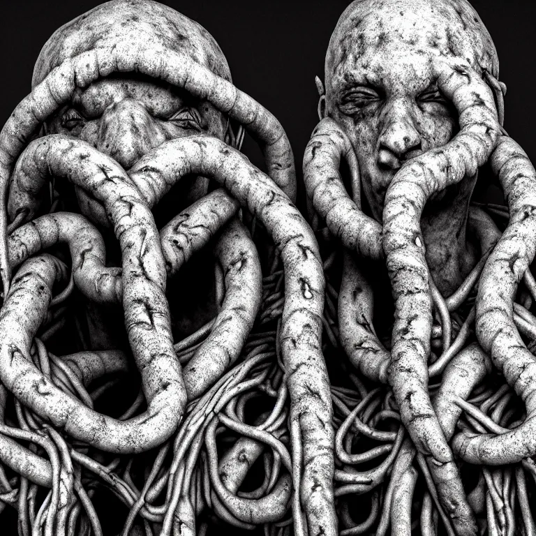 Image similar to portrait closeup on faces of abandoned sculpture of two kissing ribbed muscular men, covered with tentacles, roots, wires, tubes, baroque painting, standing in a desolate empty wasteland, creepy, nightmare, dream-like heavy atmosphere, dark fog, surreal abandoned buildings, baroque painting, beautiful detailed intricate insanely detailed octane render trending on Artstation, 8K artistic photography, photorealistic, volumetric cinematic light, chiaroscuro, Raphael, Caravaggio, Beksinski, Giger