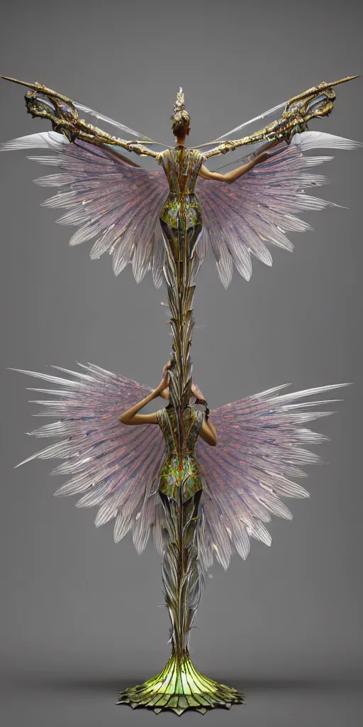 Prompt: beautiful physical detailed render of a sacred bow arms made of crystal, the style of louis comfort tiffany, pascal blanche, zigor samaniego, paul pepera, ellen jewett, weapon design, mechanics, weapon model, feather, wing, exquisite, metal, structure, c 4 d, 3 d render,, unreal engines, light effect, 4 k hd