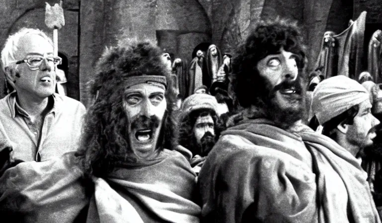 Image similar to a film still of bernie sanders as brian in monty python's life of brian ( 1 9 7 9 )