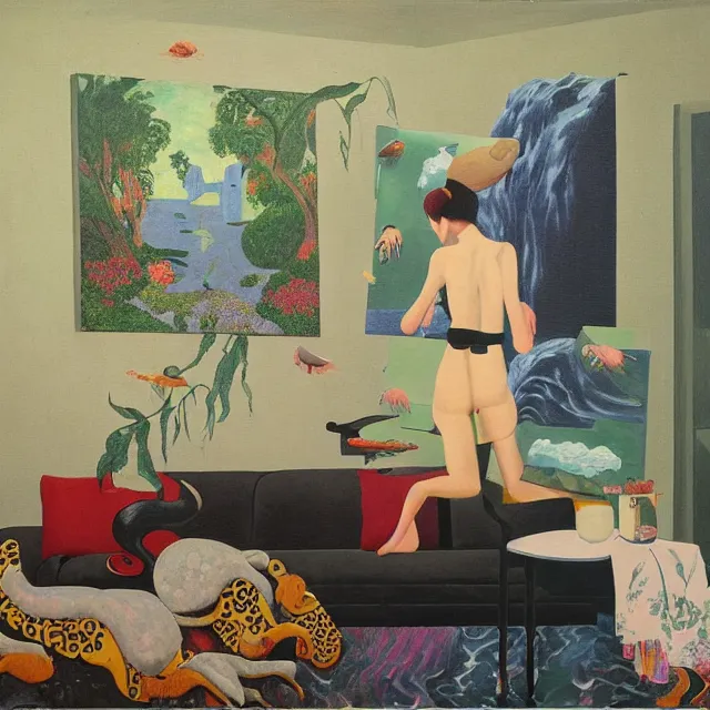 Image similar to female emo art student in her lounge room, painting of flood waters inside an artist's loungeroom, a river flooding indoors, pomegranates, pigs, ikebana, water, octopus, river, rapids, waterfall, black swans, canoe, berries, acrylic on canvas, surrealist, by magritte and monet