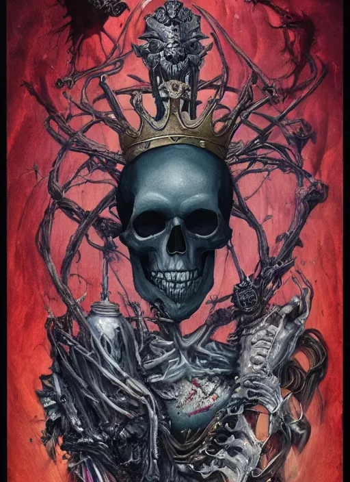 Prompt: the king of hearts, death tarot card, highly detailed, half skull face, cinematic, 8 k, by megan duncanson, benjamin lacombe, adrian borda, stanley artgermm, tom bagshaw, craig mullins, carne griffiths, ayami kojima, beksinski, giger, trending on deviantart, hyper detailed, horror, full of colour