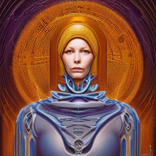 Image similar to sci - fi portrait of bene gesserit order sister by jean delville and rutkowski, mysterious, intricate, symmetry, goldenratio, hyperealistic, photoreal, 8 k resolution, highly detailed, proffesional illustration, high contrast, ambient occlusion