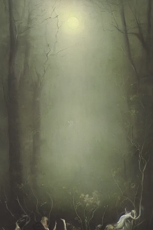 Image similar to moody painting of purple morning glory flowers vining and growing in a forest dimly lit at night. foggy volumetric darkness, muted colour palette oil painting on canvas henry fuseli