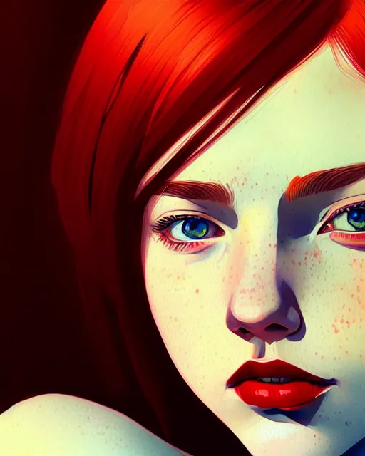 Image similar to a detailed portrait of a woman with red hair and freckles by ilya kuvshinov, digital art, dramatic lighting, dramatic angle