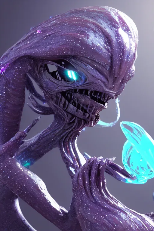 Image similar to skin concept alien, in full growth, mineral crystals instead of skin, magical crystals, smoky crystals, translucent crystals, luminous sparkling crystals, many details, 3 d, cinematic, hyper realism, high detail, octane render