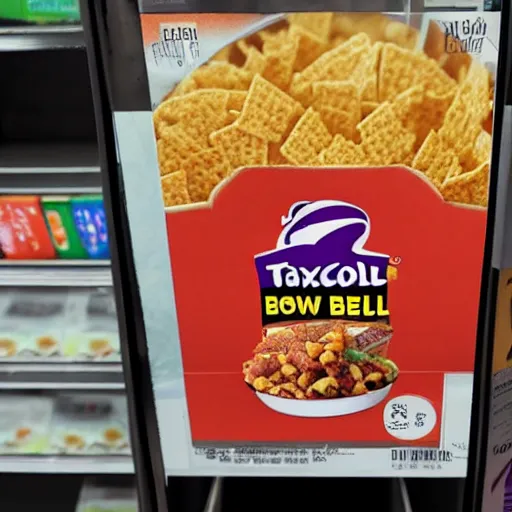 Image similar to a box of taco bell cereal on a grocery store shelf, photo